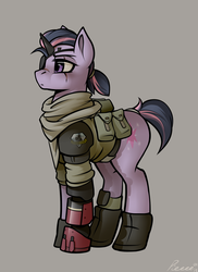 Size: 1280x1760 | Tagged: safe, artist:whitepone, nurse redheart, twilight sparkle, diamond dog, pony, g4, crossover, female, konami, metal gear, metal gear solid, metal gear solid 5, shrapnel, solo, spoilers in the comments, venom snake