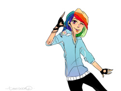 Size: 1280x960 | Tagged: safe, artist:blackadder, rainbow dash, human, g4, clothes, devil horn (gesture), earbuds, female, fingerless gloves, gloves, heart eyes, hoodie, humanized, solo, tongue out, wingding eyes