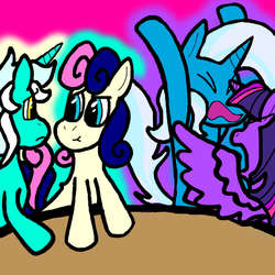Size: 511x510 | Tagged: safe, artist:dragonpone, derpibooru exclusive, bon bon, lyra heartstrings, sweetie drops, trixie, twilight sparkle, alicorn, pony, :t, angry, argument, date, eyes closed, female, lesbian, looking at each other, mare, open mouth, pink background, ship:lyrabon, ship:twixie, shipping, simple background, spread wings, table, twilight sparkle (alicorn)