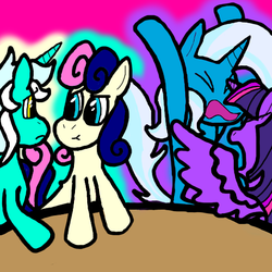 Size: 511x510 | Tagged: safe, artist:dragonpone, derpibooru exclusive, bon bon, lyra heartstrings, sweetie drops, trixie, twilight sparkle, alicorn, pony, g4, :t, angry, argument, date, eyes closed, female, lesbian, looking at each other, mare, open mouth, pink background, ship:lyrabon, ship:twixie, shipping, simple background, spread wings, table, twilight sparkle (alicorn)