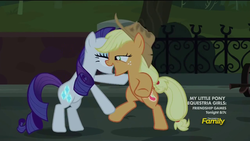 Size: 1280x720 | Tagged: safe, screencap, applejack, rarity, g4, made in manehattan, applejack's damaged hat, discovery family, discovery family logo