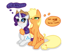 Size: 1280x960 | Tagged: safe, artist:suenden-hund, applejack, rarity, g4, accessory swap, applejack's hat, chest fluff, concave belly, female, hat, lesbian, ship:rarijack, shipping, simple background, thin, thought bubble, transparent background