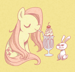 Size: 379x365 | Tagged: dead source, safe, artist:php98, angel bunny, fluttershy, g4, cherry, drinking, drinking straw, food, milkshake, simple background, sitting, yellow background