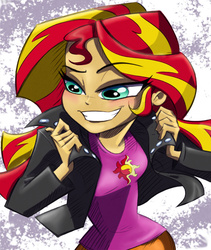 Size: 4495x5327 | Tagged: safe, artist:daoldhorse, artist:lunchie, sunset shimmer, equestria girls, g4, my little pony equestria girls: rainbow rocks, abstract background, absurd resolution, blushing, clothes, colored, cutie mark on clothes, end credits, eyebrows, eyebrows visible through hair, female, grin, painting, shine like rainbows, skirt, smiling, solo, swag
