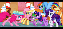 Size: 1851x875 | Tagged: safe, artist:ctb-36, applejack, fluttershy, pinkie pie, rainbow dash, rarity, spike, twilight sparkle, alicorn, pony, g4, balancing, cupcake, cute, female, floppy ears, letterboxing, licking lips, mane seven, mane six, mare, open mouth, profile, sugarcube corner, tongue out, twilight sparkle (alicorn), varying degrees of want