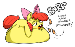 Size: 1515x953 | Tagged: safe, artist:rockyhardwood, apple bloom, earth pony, pony, g4, belly, belly bed, burp, burping feathers, burping up items, casual vore, dialogue, eaten alive, feather, female, fetish, filly, filly pred, filly prey, implied scootaloo, implied sweetie belle, impossibly large belly, predbloom, vore, willing prey, willing vore