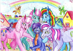 Size: 2000x1390 | Tagged: safe, artist:animagicworld, master kenbroath gilspotten heathspike, minty, pinkie pie (g3), rainbow dash (g3), wysteria, breezie, g3, female, male, mintyspike, pinkiespike (g3), rainbowspike (g3), ship:wysterispike, shipping, spike gets all the mares, straight, traditional art