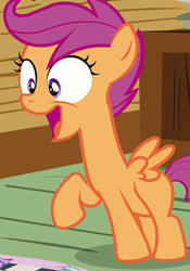 Size: 280x400 | Tagged: safe, screencap, scootaloo, g4, cute, female, happy, long neck, open mouth, raised hoof, smiling, solo, wide eyes