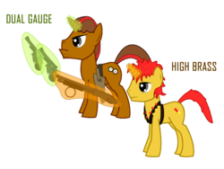 Size: 800x600 | Tagged: safe, oc, oc only, oc:dual gauge, oc:high brass, fallout equestria, fallout equestria: sweet child of mine, bandolier, father and son, gun, holster, hoofberg 590, pistol, revolver, s&m model 29, shotgun, simple background, text, transparent background, vector