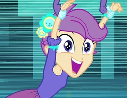 Size: 1095x848 | Tagged: safe, screencap, scootaloo, equestria girls, g4, carrying, cute, flower, flower in hair, happy, open mouth, smiling, wide eyes