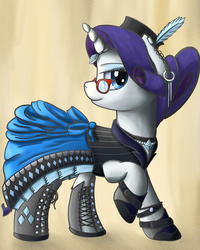 Size: 3200x4000 | Tagged: safe, artist:niegelvonwolf, rarity, g4, boots, clothes, dress, earring, feather, female, glasses, piercing, shoes, solo, steampunk