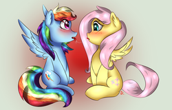 Size: 1600x1024 | Tagged: safe, artist:scarletcurl, fluttershy, rainbow dash, g4, female, lesbian, ship:flutterdash, shipping