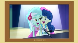 Size: 1280x719 | Tagged: safe, artist:doublewbrothers, bon bon, lyra heartstrings, sweetie drops, equestria girls, g4, my little pony equestria girls: rainbow rocks, blatant lies, female, just friends, lesbian, lies, looking at each other, musical instrument, not lesbian, piano, picture frame, ship:lyrabon, shipping