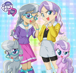 Size: 900x863 | Tagged: safe, artist:uotapo, edit, diamond tiara, silver spoon, human, equestria girls, g4, clothes, duo, duo female, equestria girls logo, female, glasses, human coloration, human ponidox, jewelry, looking at you, my little pony logo, noblewoman's laugh, open mouth, raised eyebrow, self ponidox, smiling, tiara