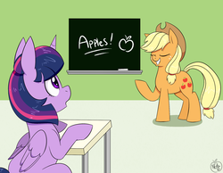 Size: 1800x1400 | Tagged: safe, artist:notenoughapples, applejack, twilight sparkle, alicorn, pony, g4, chalkboard, fascinating, female, mare, that pony sure does love apples, twilight sparkle (alicorn)