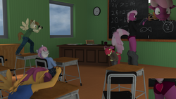 Size: 3840x2160 | Tagged: safe, artist:fanthrose, apple bloom, cheerilee, featherweight, scootaloo, silver spoon, sweetie belle, fish, rabbit, anthro, plantigrade anthro, g4, 3d, ass, assisted exposure, butt, chalk, chalkboard, clothes, cutie mark crusaders, daz studio, embarrassed, embarrassed underwear exposure, female, heart, heart print underwear, high res, humiliation, laughing, math, panties, pantsing, red underwear, school, teacher, this will end in detention, underwear