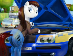 Size: 2600x2000 | Tagged: safe, artist:apocheck13, oc, oc only, earth pony, pony, bipedal, butt, car, clothes, engine, high res, jeans, mechanic, plot, solo, station wagon, wrench