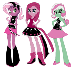 Size: 662x587 | Tagged: safe, artist:darkangelpuppet01, minty, pinkie pie, wysteria, equestria girls, g3, g4, boots, clothes, dress, equestria girls-ified, g3 to equestria girls, generation leap, pinkamena diane pie, pinkie pie's boutique, pixel art, shoes, simple background, skirt, trio, white background