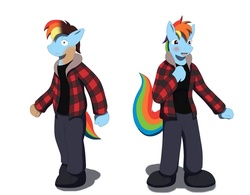 Size: 1011x790 | Tagged: safe, artist:phoenixwulf, artist:wolfeenix, artist:wolferion, rainbow dash, human, anthro, g4, human to anthro, human to pony, rule 63, simple background, solo, transformation, transformation sequence, transgender transformation