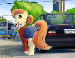 Size: 2600x2000 | Tagged: safe, artist:apocheck13, oc, oc only, earth pony, pony, bus, butt, car, clothes, daewoo, female, high res, mare, mercedes-benz, mercedes-benz e-class, mercedes-benz w124, plot, solo