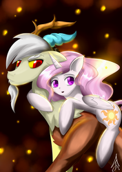 Size: 4961x7016 | Tagged: safe, artist:siranarchy95, discord, princess celestia, g4, absurd resolution, female, male, pink-mane celestia, ship:dislestia, shipping, straight, younger