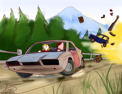 Size: 2600x2000 | Tagged: safe, artist:apocheck13, oc, oc only, car, driving, explosion, flatout, forest background, game, high res, mountain