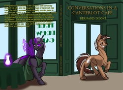 Size: 1280x939 | Tagged: safe, artist:foxenawolf, oc, oc only, oc:frothy brew, oc:mixxitkl, changeling, pony, unicorn, fanfic:conversations in a canterlot café, apron, bedroom eyes, book cover, clothes, fanfic art, fanfic cover, glowing horn, grin, horn, levitation, purple changeling, raised hoof, smiling, unshorn fetlocks