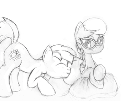 Size: 500x415 | Tagged: safe, artist:mlp-pregnancy-is-magic, silver spoon, strike, g4, cute, eyes closed, female, kissing, male, monochrome, mother spoon, nuzzling, older, pregnant, prone, shipping, silverstrike, smiling, straight, traditional art