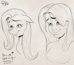 Size: 1600x1400 | Tagged: safe, artist:thethunderpony, fluttershy, human, g4, humanized, monochrome, sketch, smiling