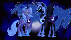 Size: 1280x720 | Tagged: safe, artist:jbond, nightmare moon, princess luna, alicorn, pony, lullaby for a princess, g4, crying, duality, duo, duo female, female, mare, s1 luna, self ponidox, simple background