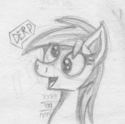 Size: 860x857 | Tagged: safe, artist:mane-shaker, derpy hooves, pegasus, pony, g4, derp, female, mare, monochrome, solo, speech bubble, traditional art
