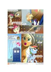 Size: 3541x5016 | Tagged: safe, artist:gashiboka, applejack, doctor whooves, pinkie pie, rainbow dash, rarity, roseluck, time turner, earth pony, pony, comic:recall the time of no return, g4, comic, crossover, doctor who, male, patreon, patreon logo, pointy ponies, stallion, tardis, tardis console room, tardis control room, the doctor