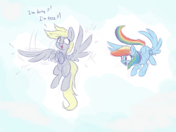 Size: 1280x960 | Tagged: safe, artist:heir-of-rick, derpy hooves, rainbow dash, pegasus, pony, g4, female, flying, flying lesson, mare, newbie artist training grounds, sketch, smiling, teaching