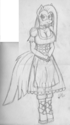 Size: 672x1188 | Tagged: safe, artist:mane-shaker, pinkie pie, earth pony, anthro, g4, boots, breasts, busty pinkie pie, clothes, corset, female, looking at you, monochrome, pinkamena diane pie, sketch, skirt, solo, traditional art