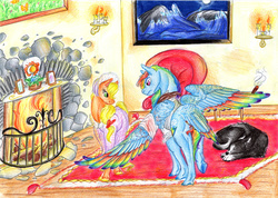 Size: 6000x4276 | Tagged: safe, artist:dawn22eagle, applejack, rainbow dash, dog, earth pony, pegasus, pony, g4, absurd resolution, armchair, candle, carpet, chair, cigar, colored wings, crossover, duo, female, fireplace, hatless, hooves, jane eyre, lesbian, missing accessory, mr rochester, multicolored wings, painting, rainbow feathers, rainbow wings, ship:appledash, shipping, tail feathers, wings