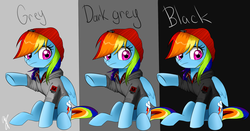 Size: 2312x1212 | Tagged: safe, artist:supermare, rainbow dash, g4, alternate clothes, beanie, clothes, crossover, delsin rowe, female, hat, hoodie, infamous, infamous second son, solo