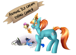 Size: 1852x1352 | Tagged: safe, artist:rubyrue, oc, oc:ralek, oc:sapphire sights, oc:silver lining, oc:swift note, griffon, pegasus, pony, unicorn, eating contest, freckles, happy, ice cream, nausea, simple background, stomach ache, this will end in brain freeze, tummy ache, white background