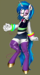 Size: 1024x1883 | Tagged: dead source, safe, artist:saddnesspony, dj pon-3, vinyl scratch, anthro, unguligrade anthro, g4, clothes, denim skirt, female, hoof hands, midriff, skirt, solo, stockings