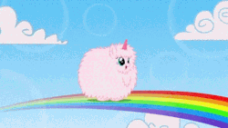 Size: 480x270 | Tagged: safe, artist:mixermike622, oc, oc only, oc:fluffle puff, pony, unicorn, pink fluffy unicorns dancing on rainbows, g4, animated, cloud, cute, fake horn, female, flufflebetes, gif, horn, mare, ocbetes, open mouth, open smile, rainbow, sky, smiling, solo, youtube link