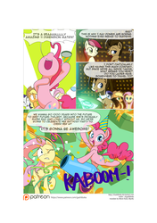 Size: 3541x5016 | Tagged: safe, artist:gashiboka, applejack, doctor whooves, fluttershy, pinkie pie, rarity, roseluck, time turner, earth pony, pony, comic:recall the time of no return, g4, bipedal, comic, immortality blues, onomatopoeia, party cannon, patreon, patreon logo