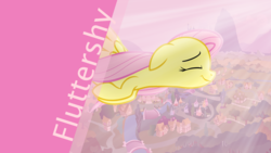 Size: 1920x1080 | Tagged: safe, artist:northwestcore, artist:sairoch, fluttershy, g4, female, floppy ears, flying, ponyville, solo, wallpaper