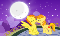 Size: 1149x696 | Tagged: safe, artist:aquasparkles, braeburn, spitfire, earth pony, pegasus, pony, g4, alternate hairstyle, duo, female, kiss on the lips, kissing, male, shipping, show accurate, spitburn, straight, wingboner