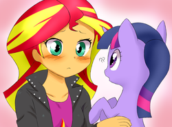Size: 900x666 | Tagged: safe, artist:dambitail, sunset shimmer, twilight sparkle, pony, unicorn, equestria girls, g4, :<, blushing, confused, cute, female, holding a pony, implied shipping, interspecies, lesbian, shimmerbetes, ship:sunsetsparkle, shipping, unicorn twilight, weapons-grade cute