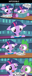 Size: 1600x3700 | Tagged: safe, artist:loceri, spike, twilight sparkle, g4, book, bored, comic, crying, dialogue, floppy ears, hilarious in hindsight, impossible, magic, open mouth, reading, slice of life, speech bubble