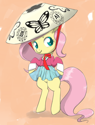 Size: 1888x2500 | Tagged: safe, artist:dambitail, fluttershy, pony, g4, asian conical hat, bipedal, clothes, female, hat, orange background, see-through, see-through skirt, simple background, skirt, skirt lift, solo