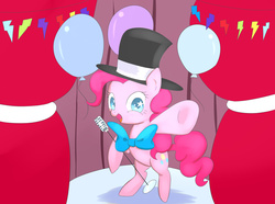 Size: 2361x1761 | Tagged: safe, artist:dambitail, pinkie pie, g4, balloon, female, hat, make a wish, microphone, ribbon, singing, solo, underhoof