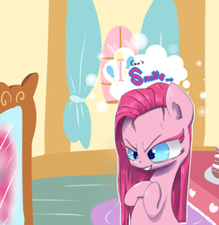 Size: 1268x1299 | Tagged: dead source, safe, artist:dambitail, pinkie pie, g4, evil smile, female, irony, mirror, pinkamena diane pie, solo, sugarcube corner