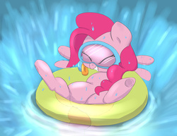 Size: 3881x3000 | Tagged: dead source, safe, artist:dambitail, pinkie pie, pony, g4, cute, diapinkes, dive mask, eyes closed, female, goggles, high res, inner tube, mare, motion lines, smiling, snorkel, solo, underhoof, water, wet, wet fur, wet mane