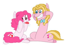 Size: 690x486 | Tagged: safe, artist:asliceoflife, oc, oc only, oc:marshmellow, oc:pop rocks, brother and sister, offspring, parent:pinkie pie, parent:prince blueblood, parents:bluepie, raspberry, silly, tongue out