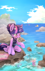 Size: 1024x1611 | Tagged: safe, artist:siagia, applejack, pinkie pie, rainbow dash, spike, twilight sparkle, fish, unicorn, semi-anthro, g4, alternate hairstyle, anemone, arm hooves, beach, book, breasts, chestbreasts, cliff, clothes, female, kneeling, one-piece swimsuit, open mouth, sea anemone, solo, sukumizu, swimsuit